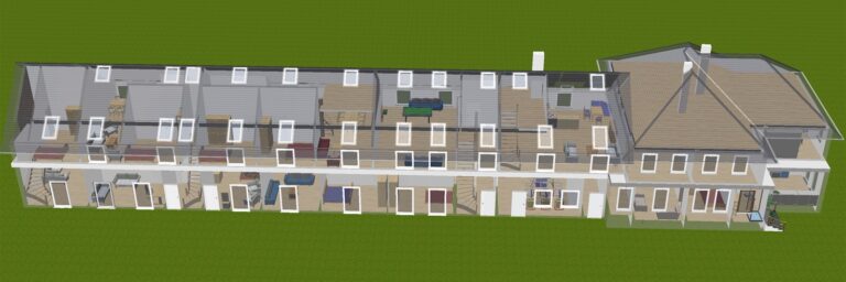 Modell des sanierten Wohnhauses und ausgebauten Stalltraktes aus Richtung Norden. Es sind viele Wohnräume durch die halbtransparenten Wände zu erkennen.